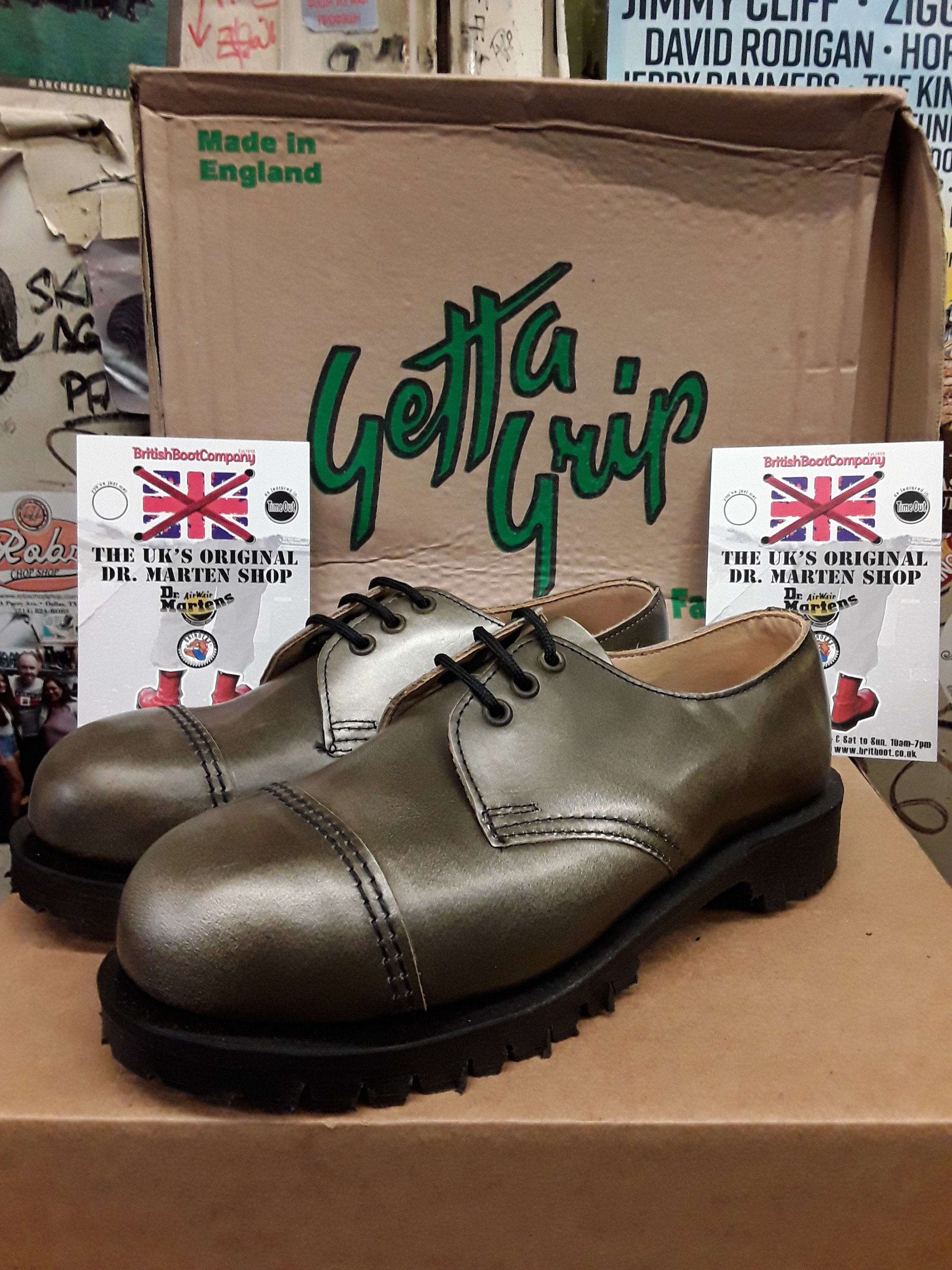 Dr Martens Getta Grip Silver Metallic steel toe shoe size 4. Made in England